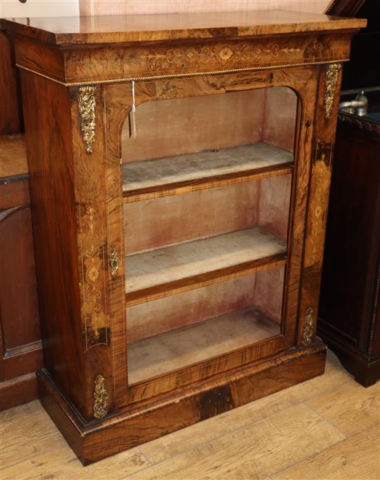 A Victorian inlaid figured walnut pier cabinet (door lacking glass) W.85cm